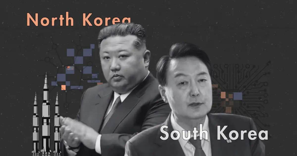 South Korea vs. North Korea military power comparison featuring Kim Jong Un, South Korean President Yoon Suk Yeol, missiles, and military technology graphics.
