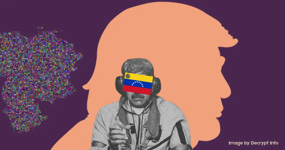 Graphic illustrating America and Venezuela relations, showing Nicolás Maduro against the backdrop of Donald Trump's silhouette and social media.